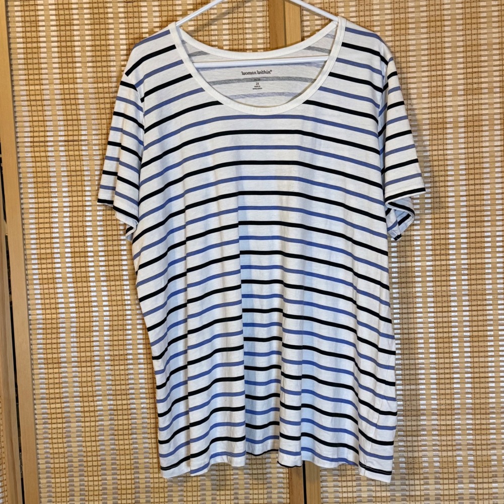 Woman Within Womens 2X 26/28 Striped Short Sleeve Cotton Tee Scoop Neck Coastal